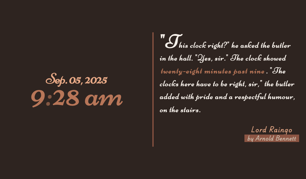 Screenshot of the Author Clock app showing the time, date, and matching quote.